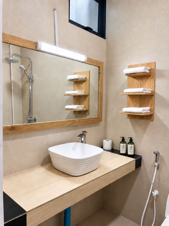 Bathroom with a white vessel sink on a stone counter, a large mirror, rain shower and wooden towel shelves