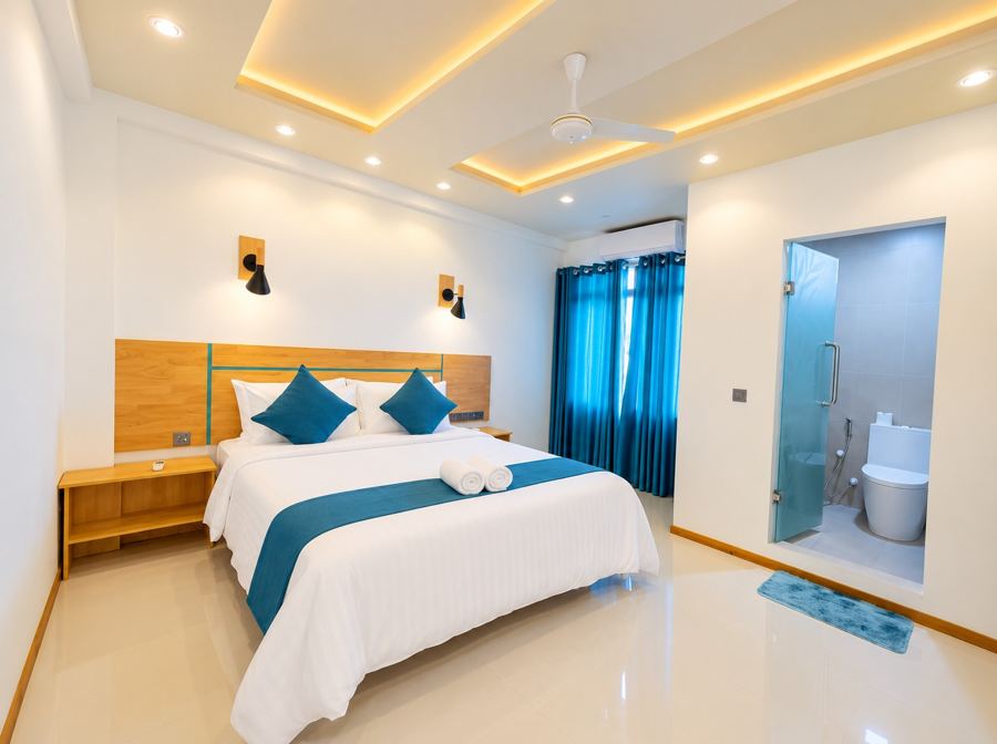 Double bed with teal cushions and runner, a wooden headboard, blue curtains and a glass bathroom door