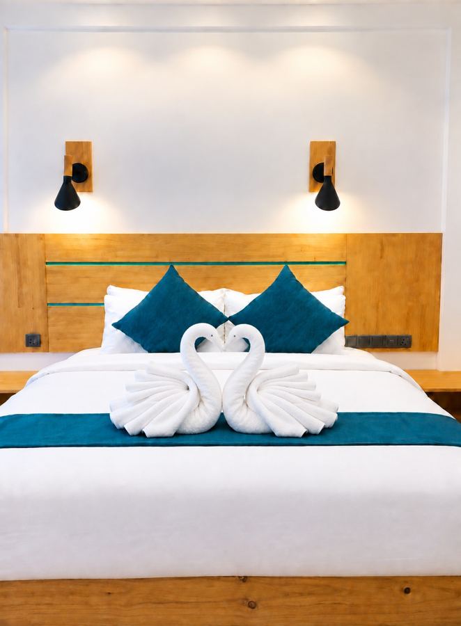 Close view of the double bed with folded towel swans, teal cushions and a wooden headboard with wall lamps