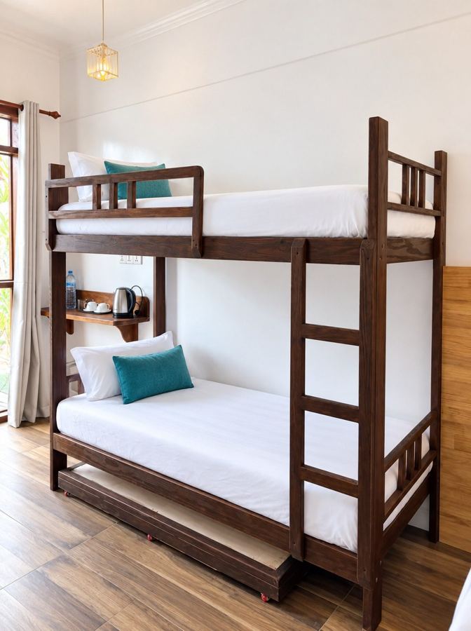 Dark wooden bunk bed with white linen, teal cushions and a pull-out trundle bed