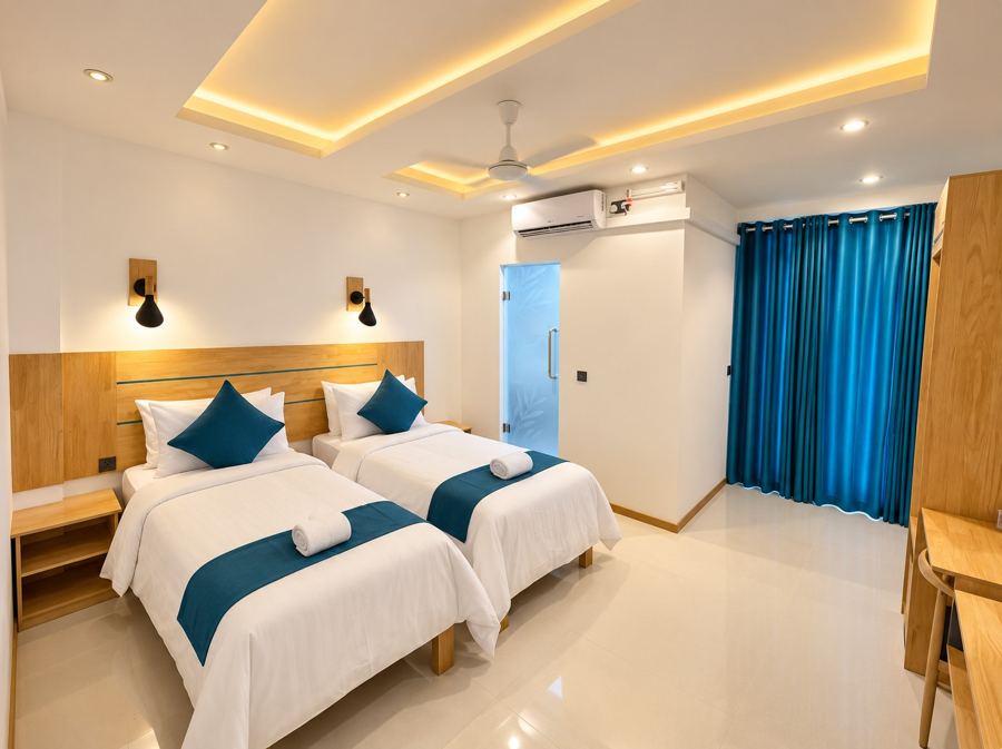 Two single beds with navy cushions and wooden headboards, blue curtains and an air conditioner