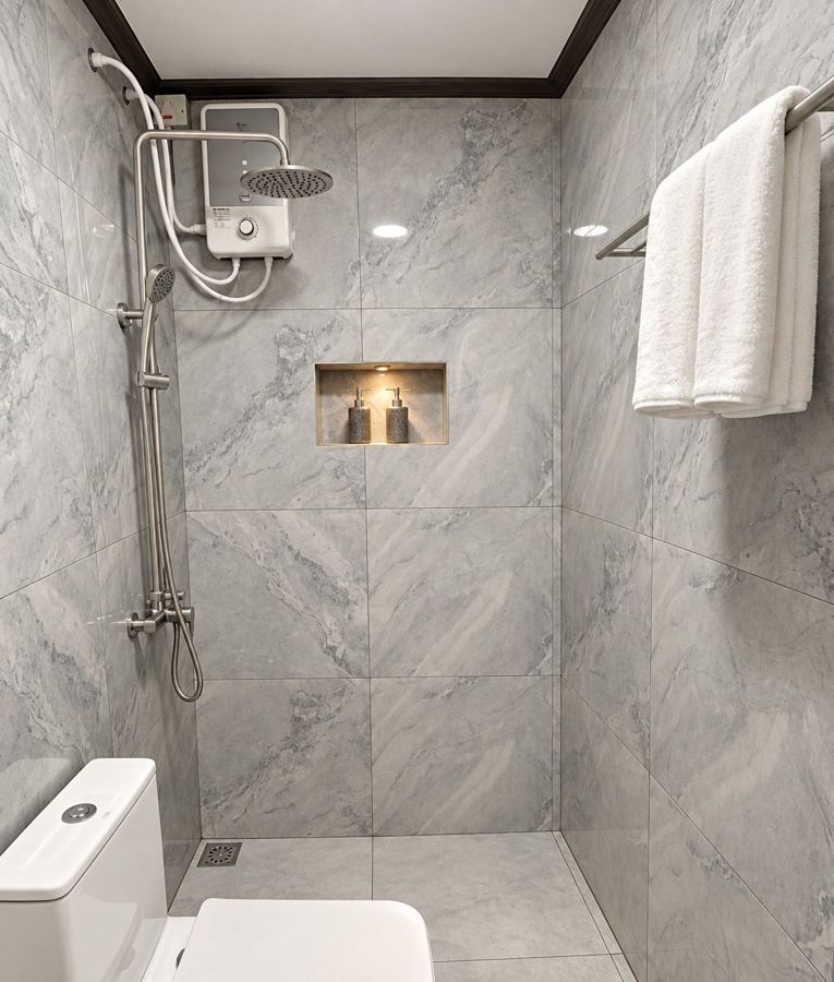 Grey marble-tiled bathroom with a rain shower, water heater and fresh towels