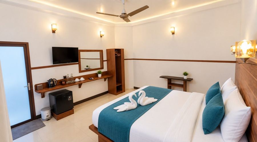 Bed with towel swans, wall lights and a side table